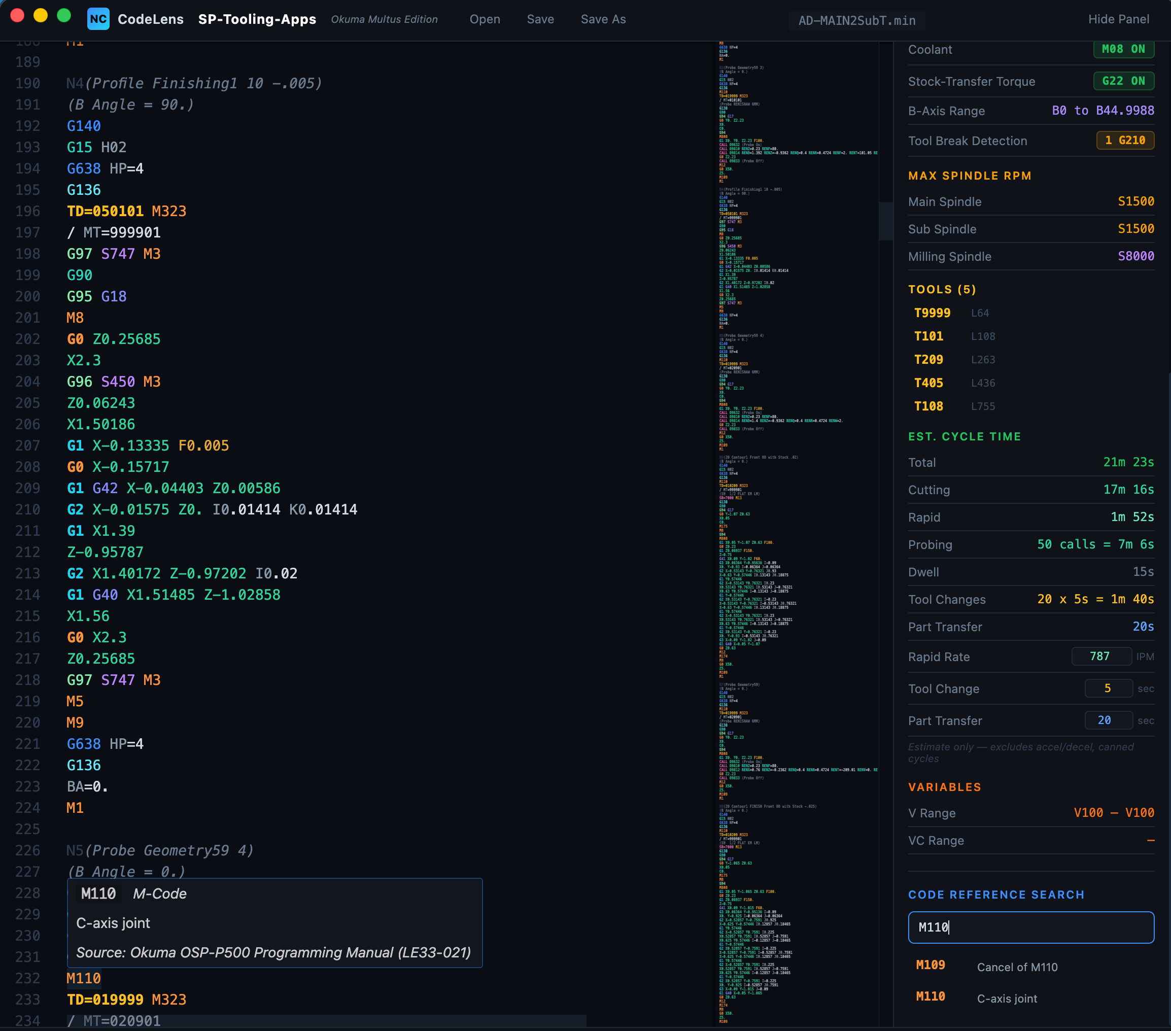 NC CodeLens showing M110 M-code hover explanation for C-axis joint, code reference search results